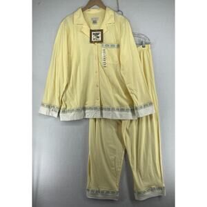 ANNE LEWIN Pajama Set XL Jersey Button Up Long Sleeve & Pants Lounge Yellow NEW